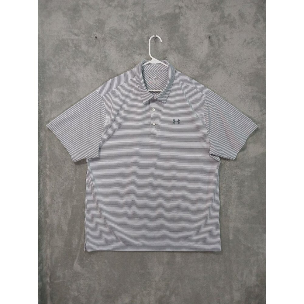 Under Armour UA Shirt Mens 2XL Gray Striped Polo Loose HeatGear Short Sleeve - Picture 1 of 8